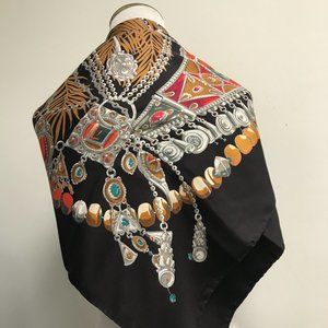 Hermes black red gold jewel graphic 100% silk scarf made in France